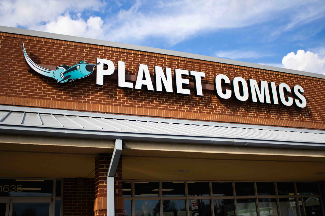Planet Comics exterior. Sign outside of store.