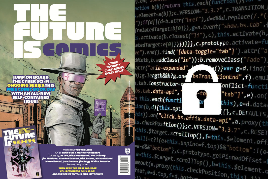 Poster promoting free comic book day the future is comic and an image of computer code with a lock.