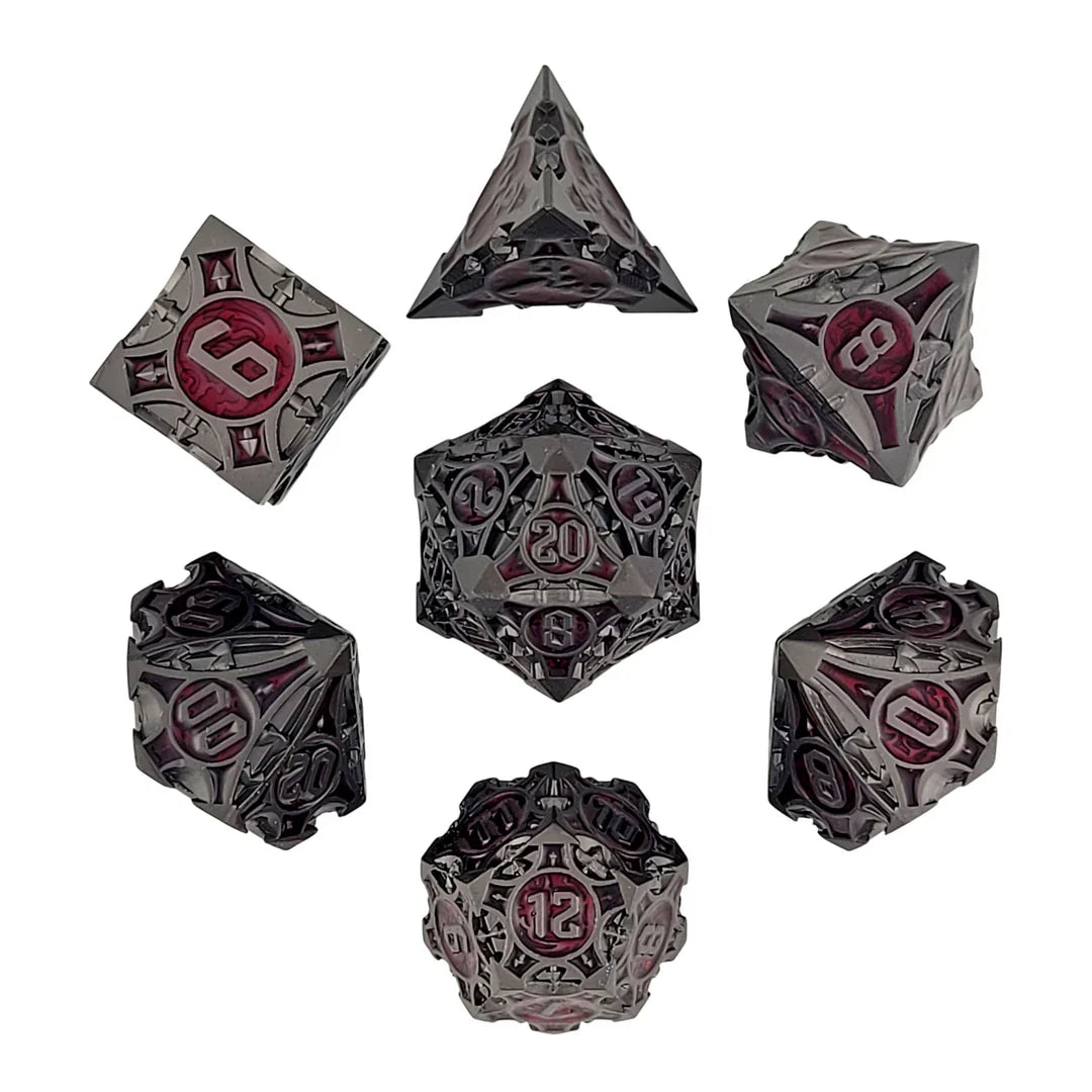 Arcane Enigma Gunmetal Red Metal RPG Dice Set of 7
