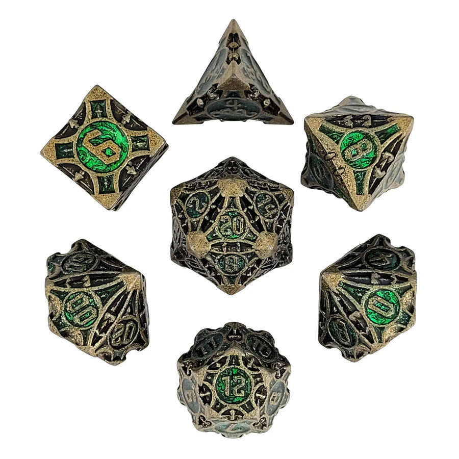 Arcane Enigma Gold Green Metal RPG Dice Set of 7