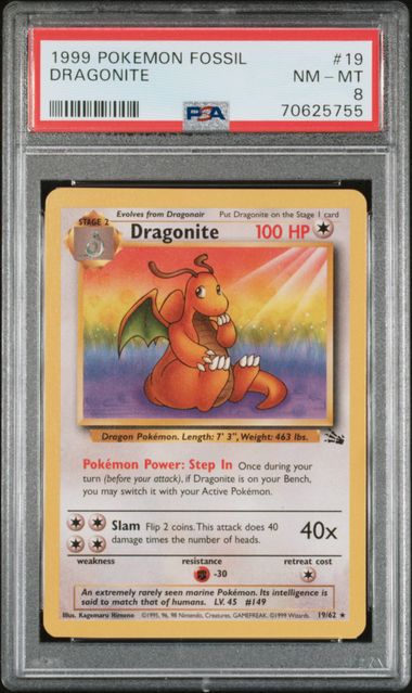 1999 POKEMON FOSSIL #19 DRAGONITE PSA 8