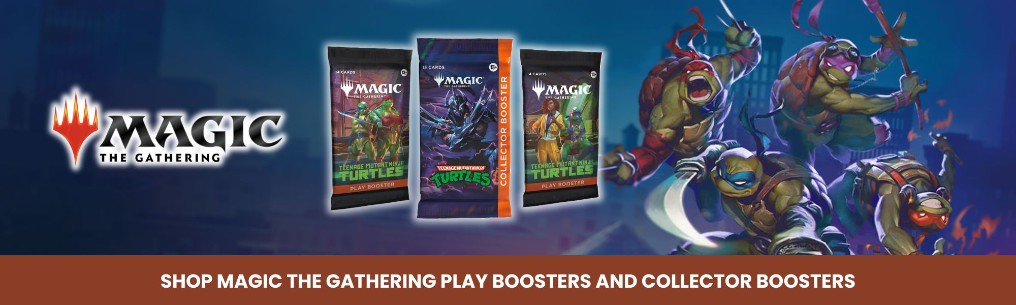 Promotional banner for Magic: The Gathering featuring booster packs and artwork.