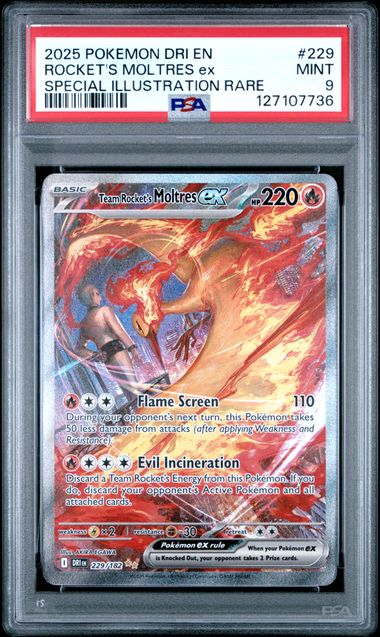 2025 POKEMON DRI EN-DESTINED RIVALS #229 ROCKET'S MOLTRES ex SPECIAL ILLUSTRATION RARE PSA 9